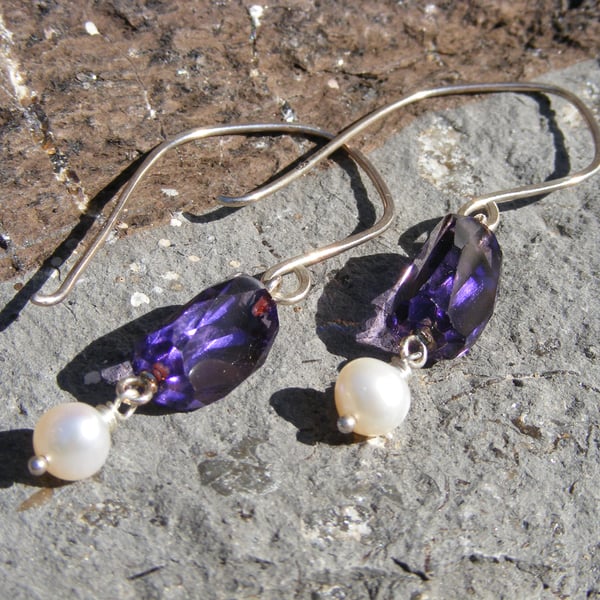 Sterling Silver Long Dangle Earrings With Amethyst and Pearls - Hallmarked