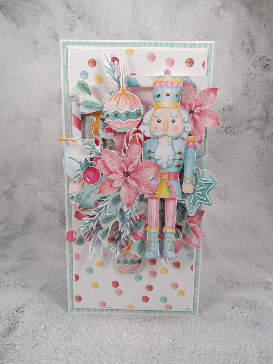 Handmade Christmas Card (39) Nutcracker & pastel Holiday ornaments