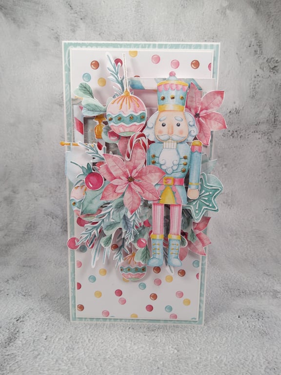Handmade Christmas Card (39) Nutcracker & pastel Holiday ornaments