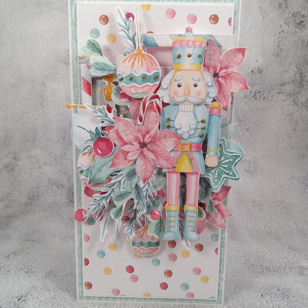 Handmade Christmas Card (39) Nutcracker & pastel Holiday ornaments