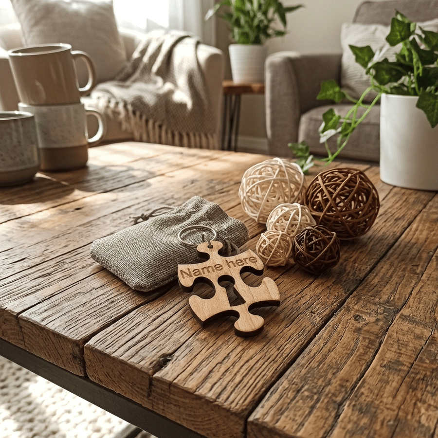 Personalised Jigsaw Keychain - Wood Puzzle Piece Keyring with Gift Bag