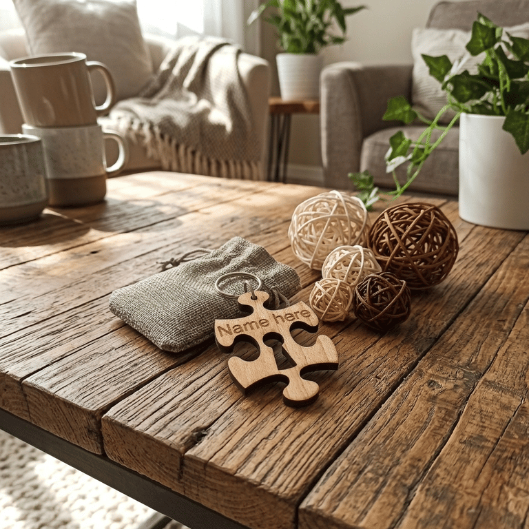 Personalised Jigsaw Keychain - Wood Puzzle Piece Keyring with Gift Bag