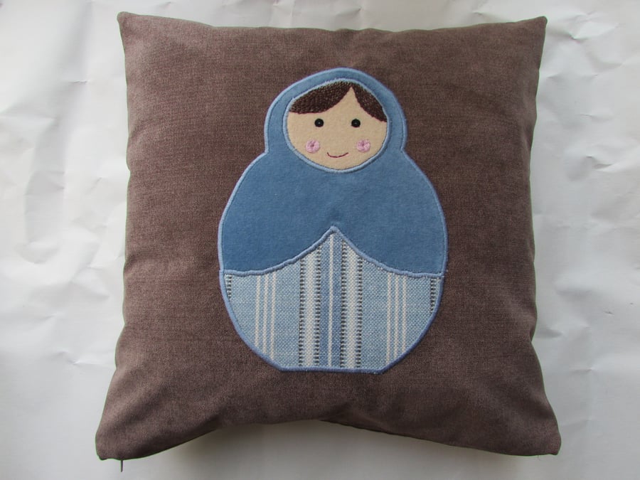 SALE - Russian doll appliqued brown cushion