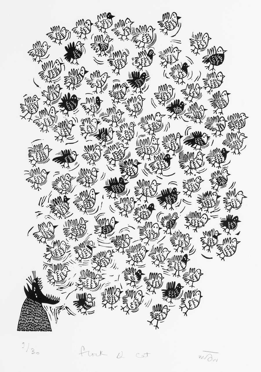Flock & Cat - Lino Print - A flock of pigeons and a dastardly cat
