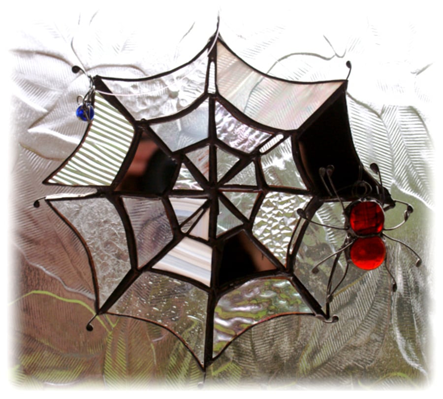  Spider's Web Suncatcher Stained Glass with red spider and bluebottle fly 030