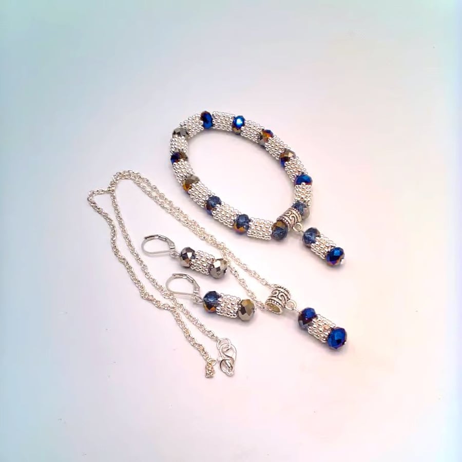 AB Coated Blue Crystals and Silver Snowflake Spacers 3 Piece Jewellery Set