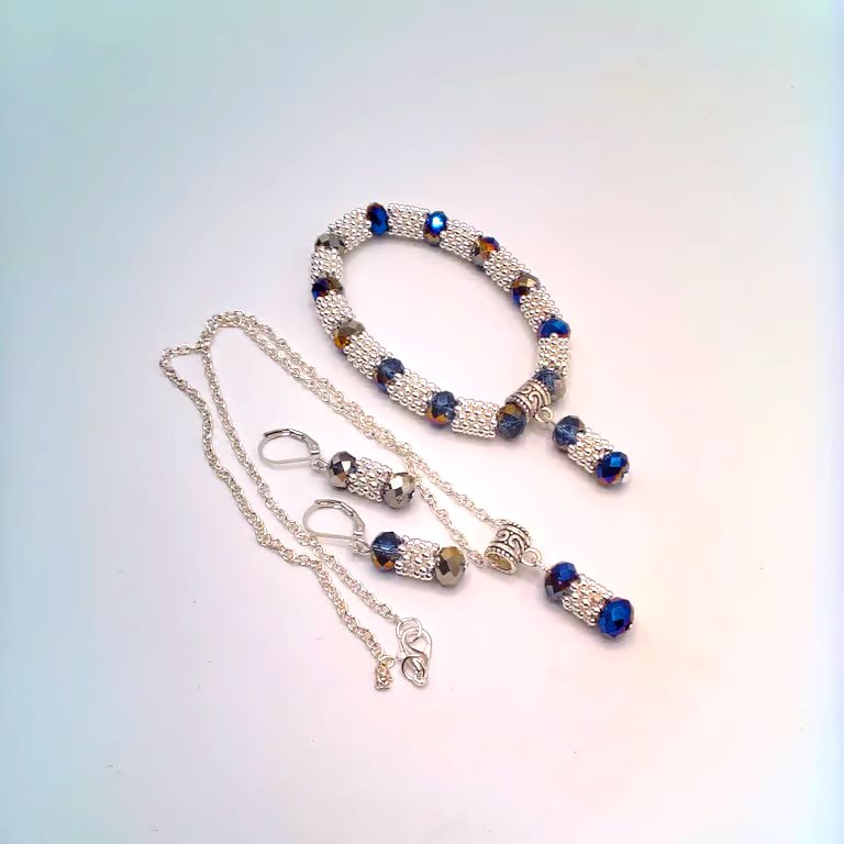 AB Coated Blue Crystals and Silver Snowflake Spacers 3 Piece Jewellery Set