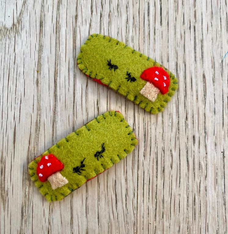 Handmade Felt Woodland Mushroom Hair Clips, Nature Gift