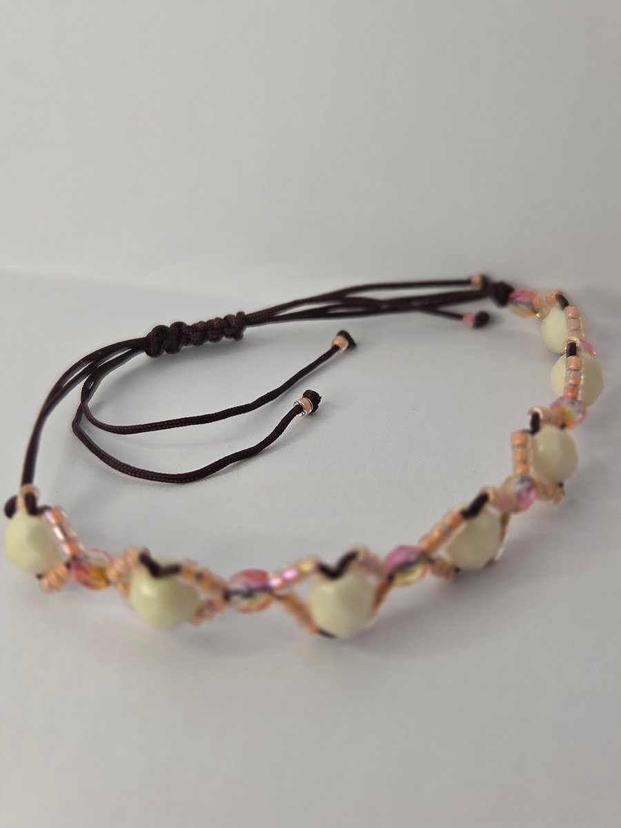 Handmade Adjustable Cream & Iridescent Bead Cord Bracelet – Boho Festival Style