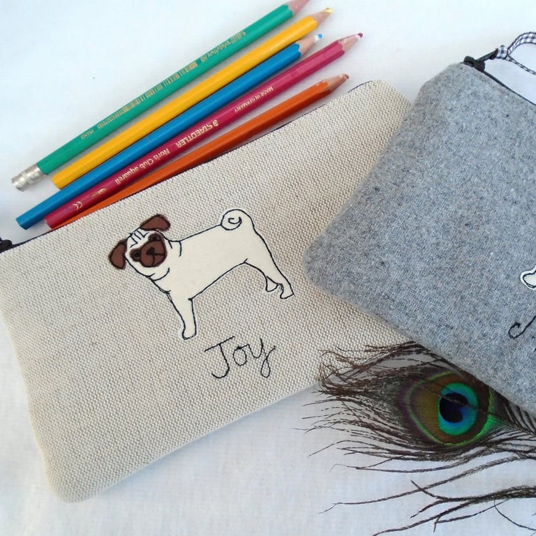 Pug Personalised Pencil Case - Linen or Grey Pen Case with Dog Applique