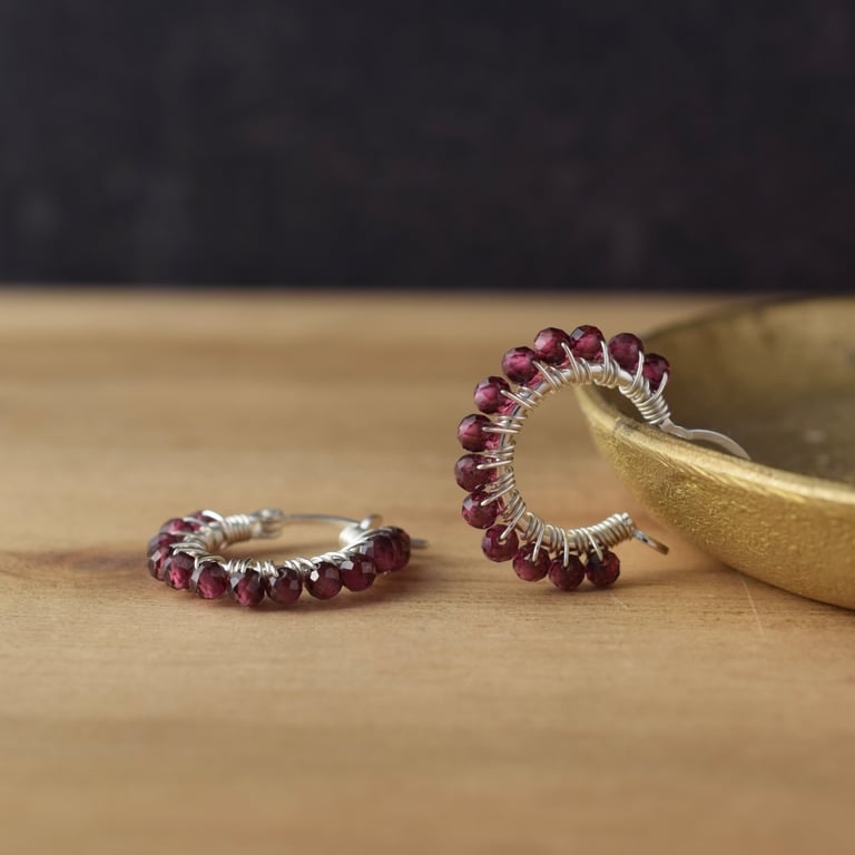 Garnet Gemstone Silver Hoop Earrings - Handmade Artisan Jewellery 