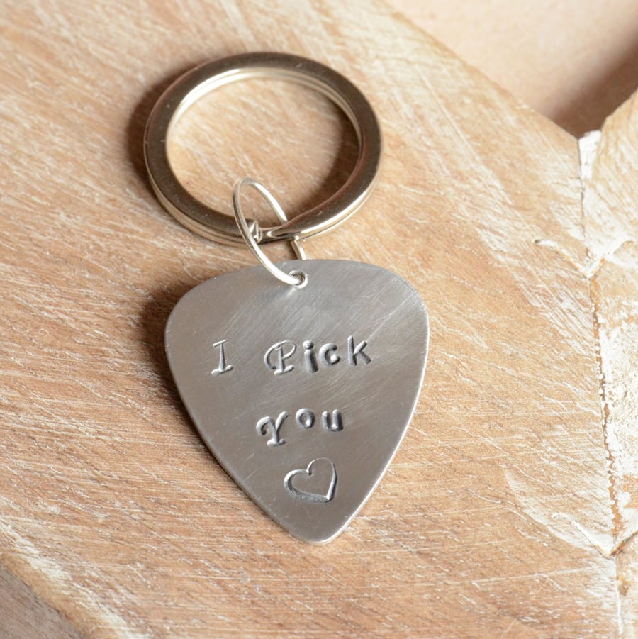 I Pick You Handmade Hand Stamped Aluminium Guitar Pick Keyring