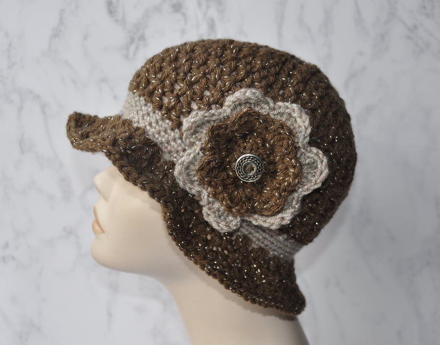 Hand Crocheted Cloche Flapper Hat Beanie Brown Beige Sparkle Flower Free Post
