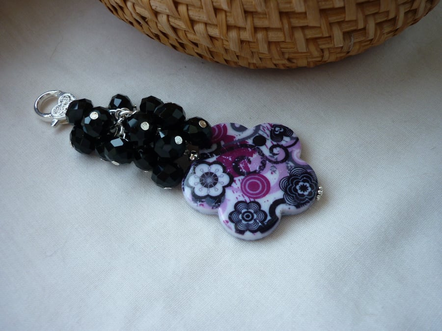 BLACK, DEEP PINK AND SILVER HANDBAG CHARM.  