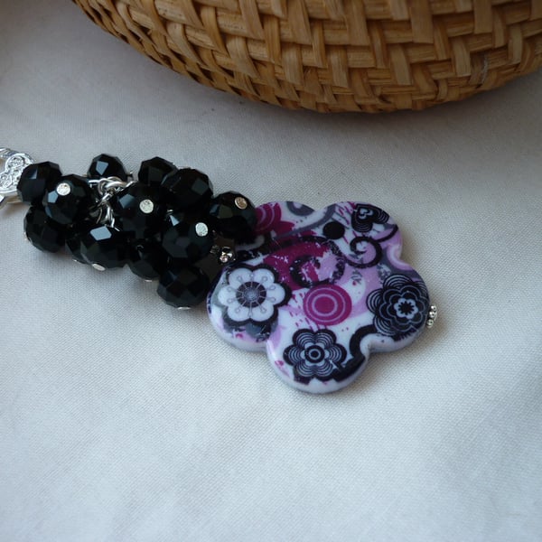 BLACK, DEEP PINK AND SILVER HANDBAG CHARM.  