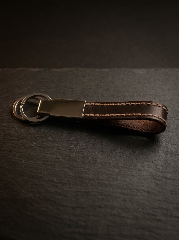 Dark Brown Full Grain Leather Loop Keychain Chrome Hardware Handmade UK