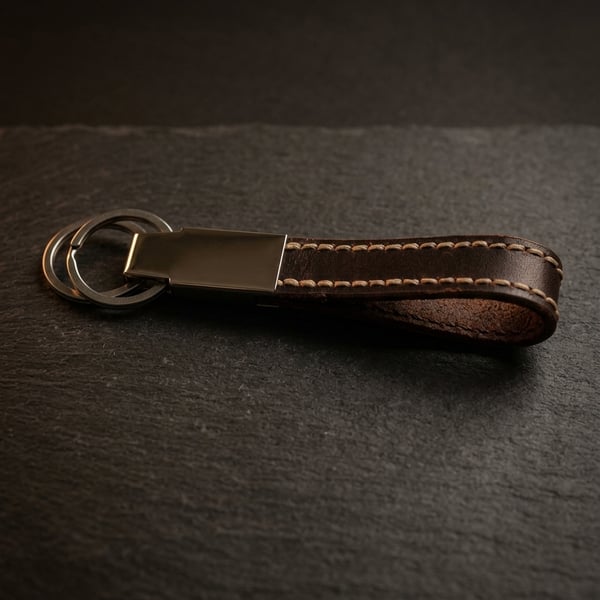 Dark Brown Full Grain Leather Loop Keychain Chrome Hardware Handmade UK