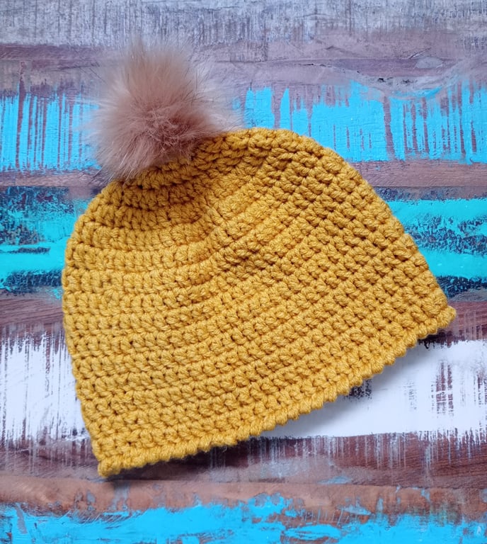 Crochet ladies winter beanie hat mustard colour with faux fur pom