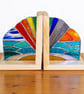 Stained Glass Rainbow Sea and Sky Bookends on Oak Stands Handmade Art - Image 2