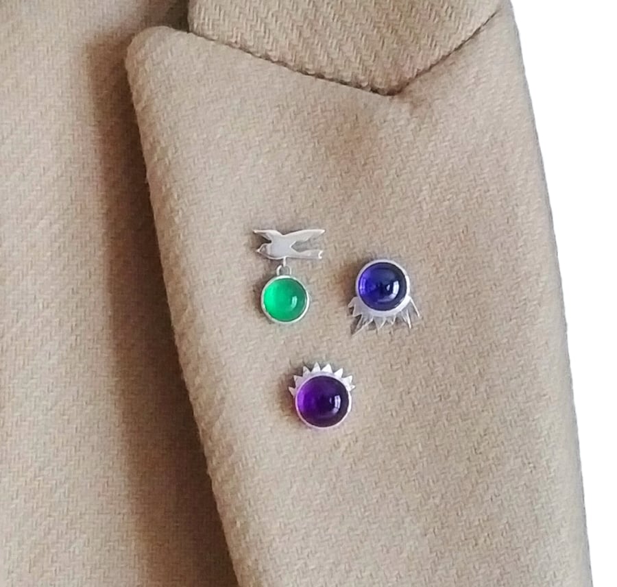 Mini gemstone pin brooches, set of three
