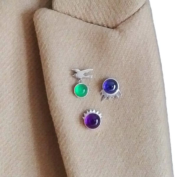 Mini gemstone pin brooches, set of three