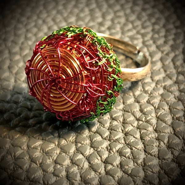 COPPER, PINK & GREEN RING WITH RECYCLED METALS- Puff jewel ring