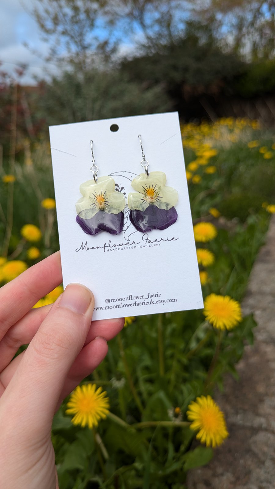 Dried Pansy Flower Earrings, Sterling Silver, Real Pressed Floral Jewellery