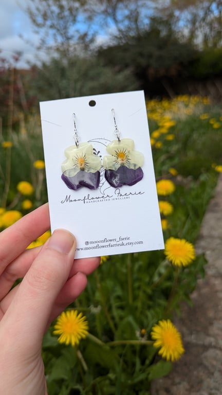 Dried Pansy Flower Earrings, Sterling Silver, Real Pressed Floral Jewellery