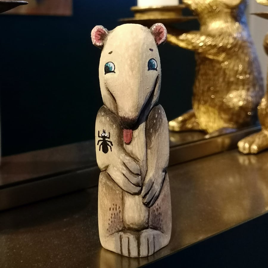Hand carved, painted and finished wooden Antonio the Anteater