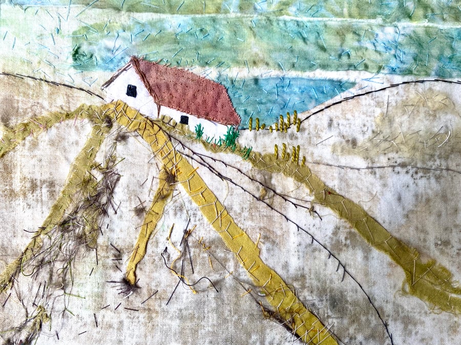Landscape, cottage on a hilltop, embroidered collage 