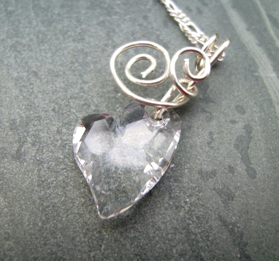 Crystal Clear Heart Sterling Silver Wire Spiral Pendant Necklace