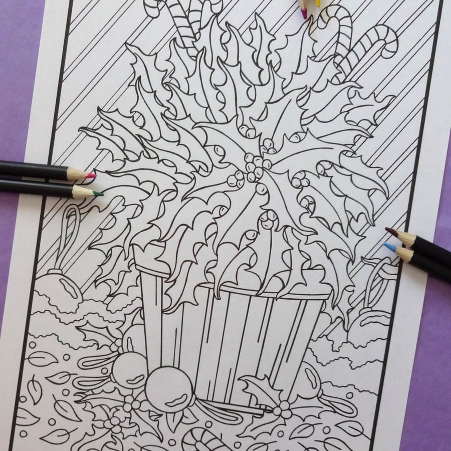 Holly Plant A4 Christmas Colouring Page Printable JPG by S Godwin Studio