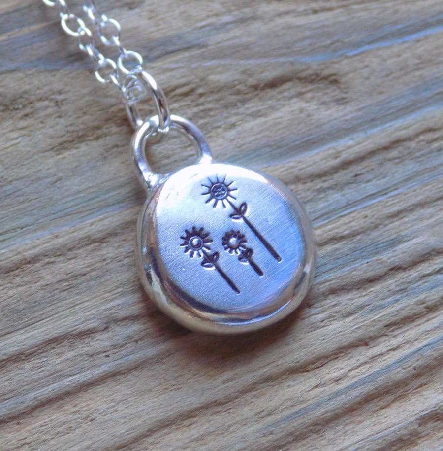 Sterling silver stamped flowers pendant (medium) 
