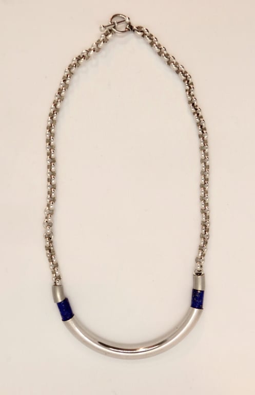 Lapis Lazuli Silver Tube Necklace: Anchor Chain