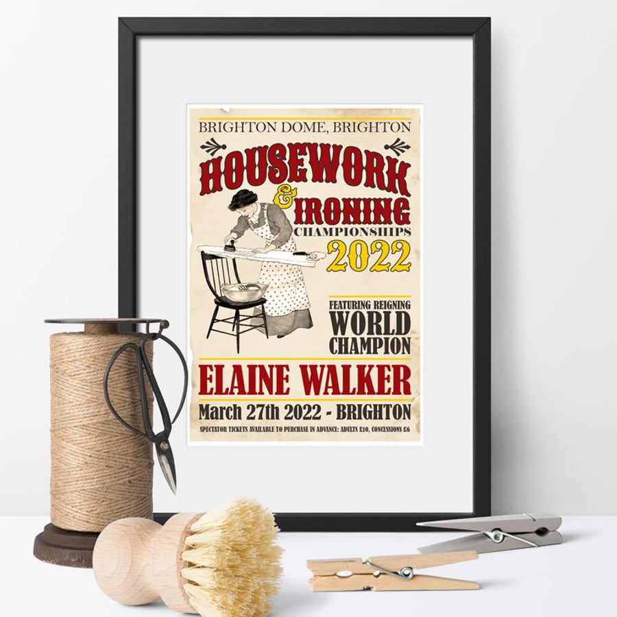 Housework Championships Vintage Art Print, personalised gift for her 