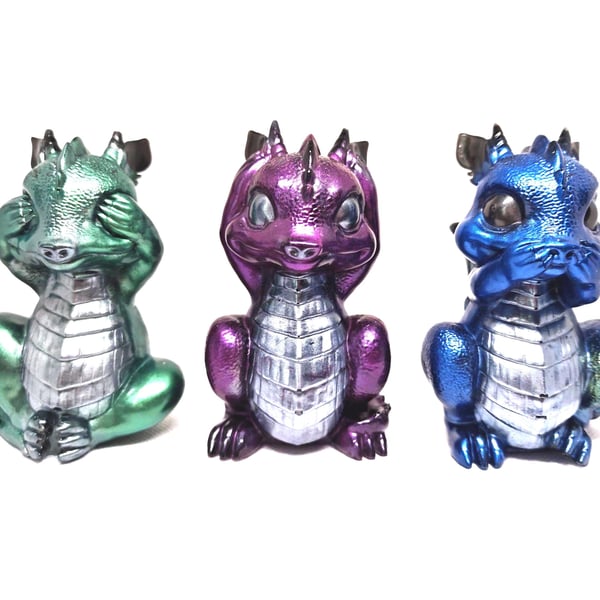 Baby Dragon Figurines Set: See No Evil, Gothic Fantasy Decor