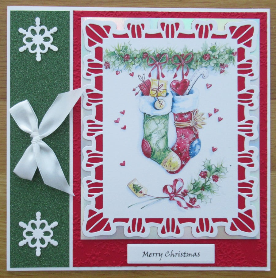 Pair Of Stockings Filled With Presents - 8x8" Christmas Card