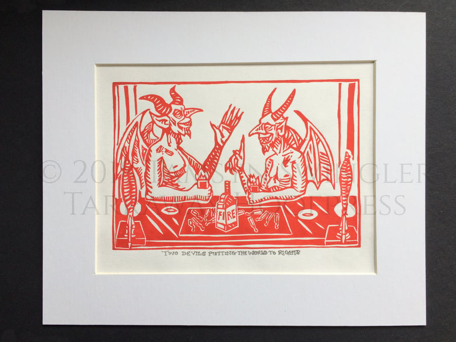 Two Devils Putting the World to Rights - In Red or Orange - Ltd. Ed Linoprint