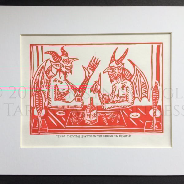 Two Devils Putting the World to Rights - In Red or Orange - Ltd. Ed Linoprint