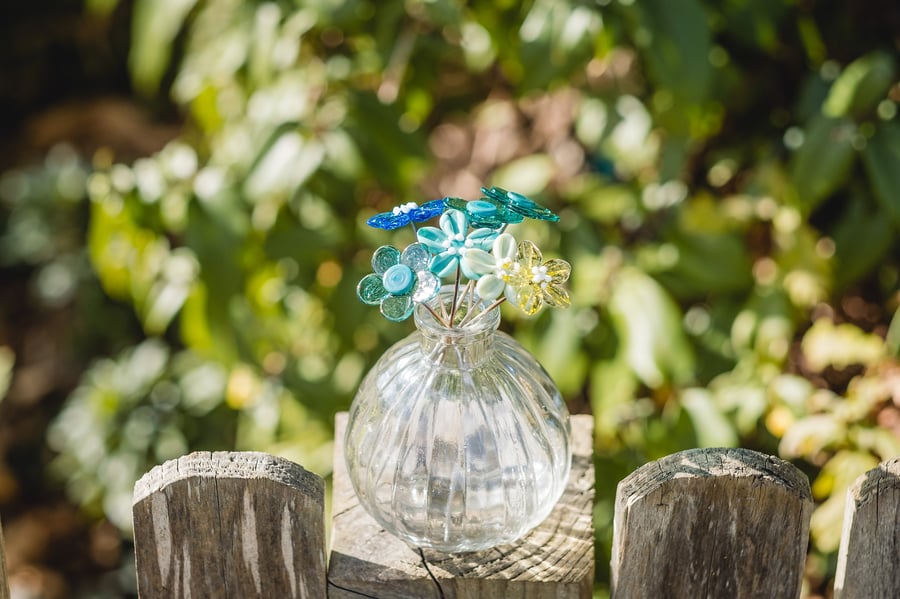 Teal and Turquoise Glass Flowers with Cut Glass Vase
