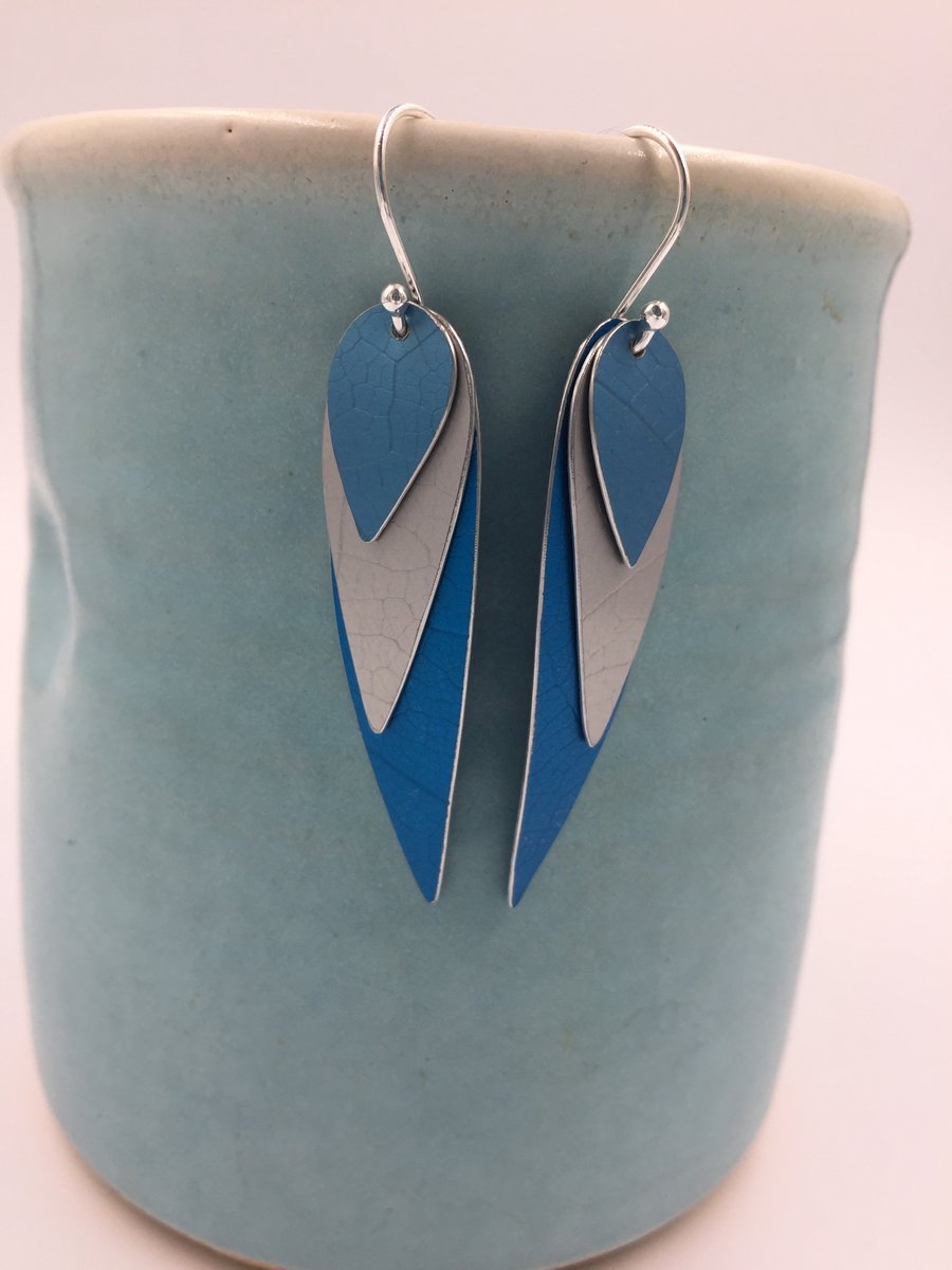 Blue anodised aluminium parrot wing earrings 