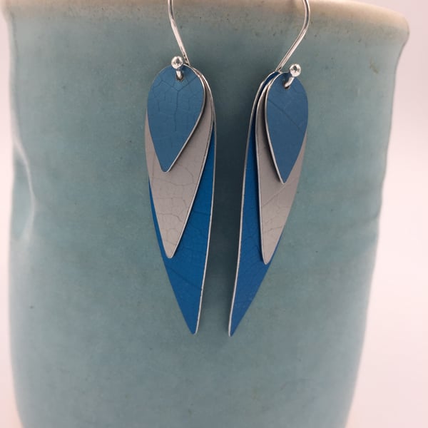 Blue anodised aluminium parrot wing earrings 