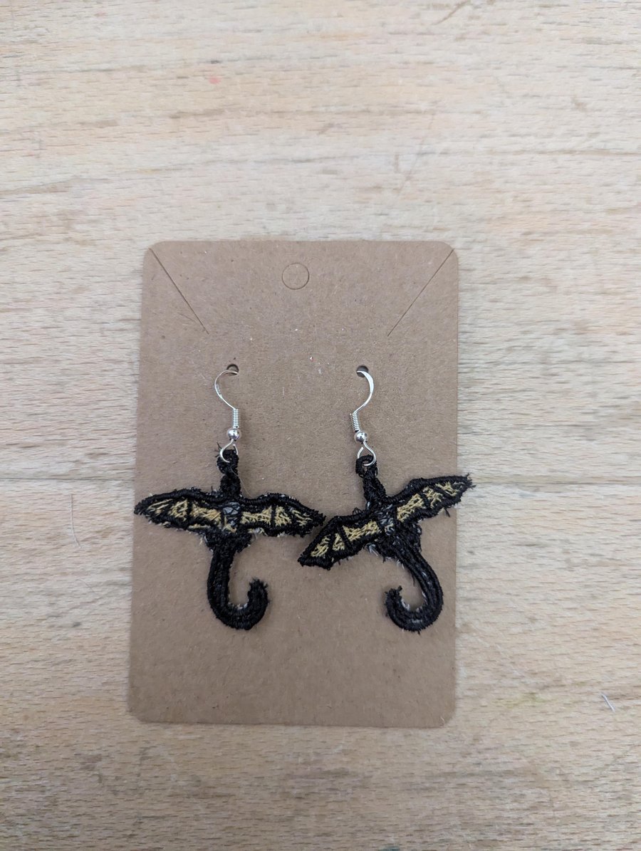 Dragon earrings, machine embroidered gift for women girls, present jewellery dro