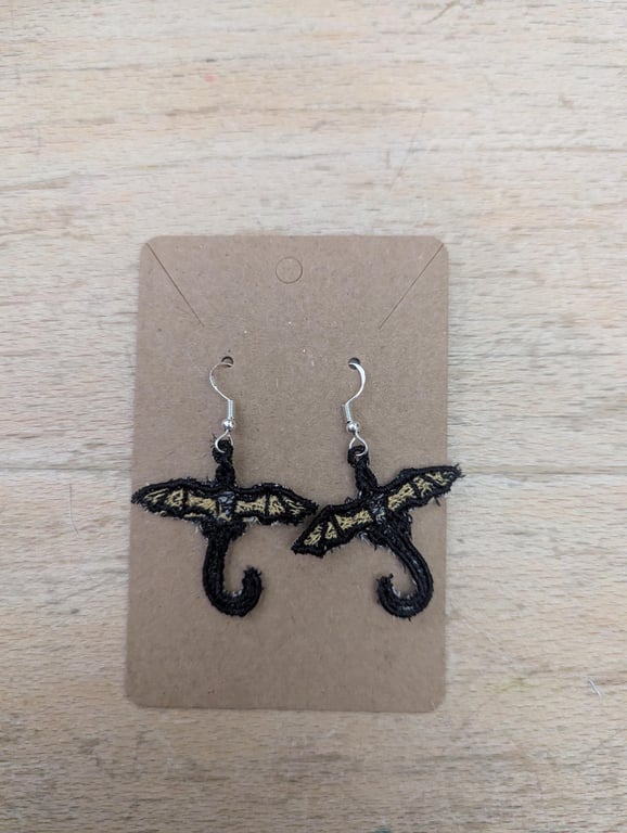 Dragon earrings, machine embroidered gift for women girls, present jewellery dro