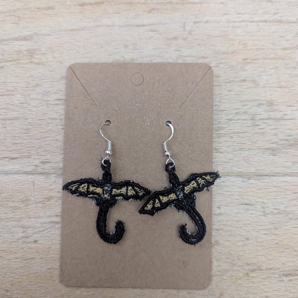 Dragon earrings, machine embroidered gift for women girls, present jewellery dro