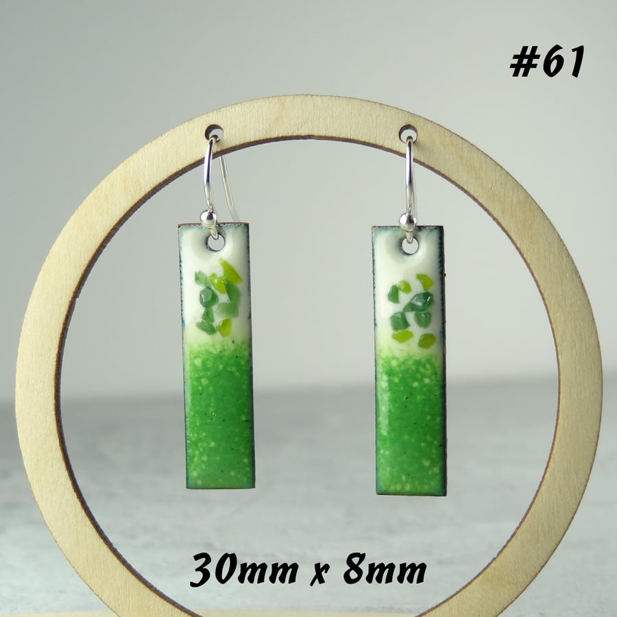 Green glass enamelled copper drop earrings 30mm x 8mm, sterling silver (61)