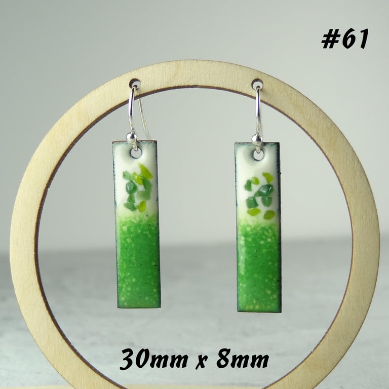Green glass enamelled copper drop earrings 30mm x 8mm, sterling silver (61)