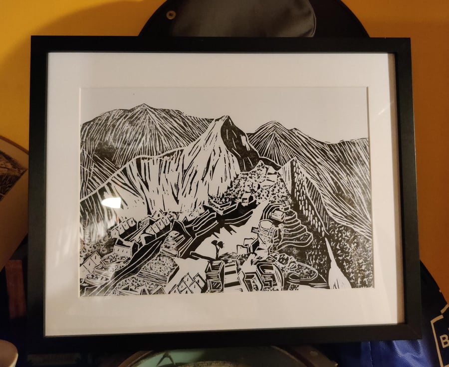 Handcrafted Lino Print of Machu Picchu.