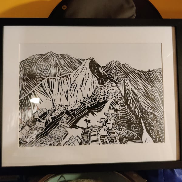 Handcrafted Lino Print of Machu Picchu.