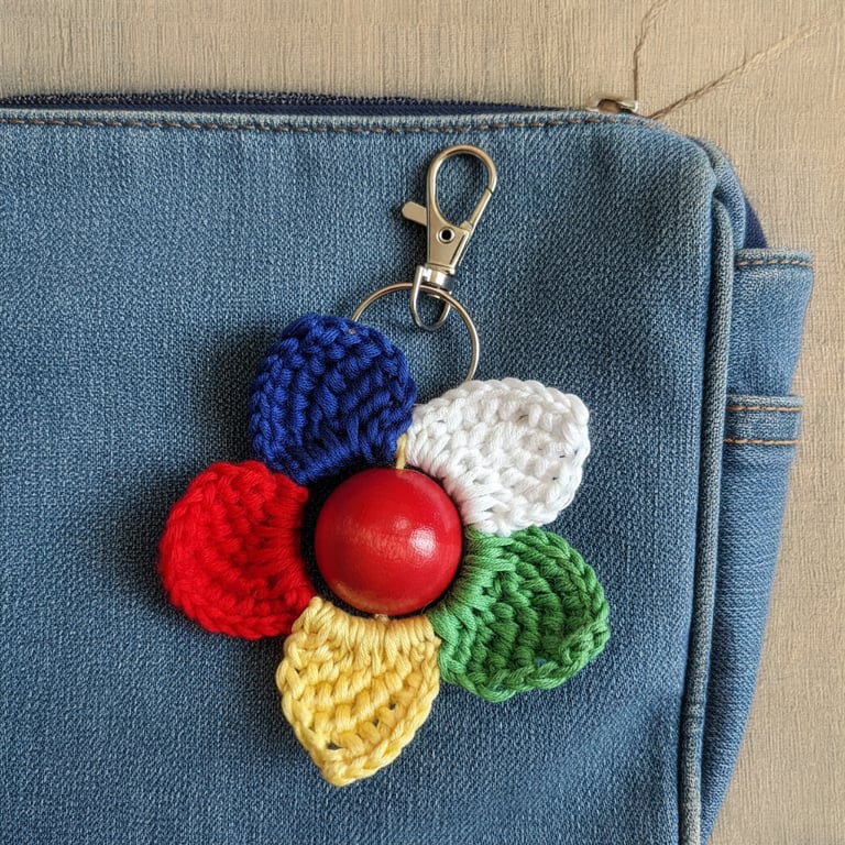 Crochet Flower Keychain with Hand-Dyed Red Bead – Handmade Bag Charm